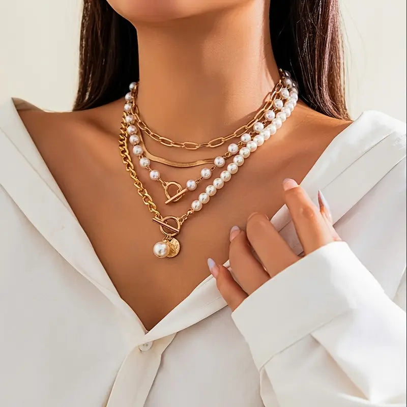 Set de Collar de Cadena de Serpiente con Perlas Vintage | Oro