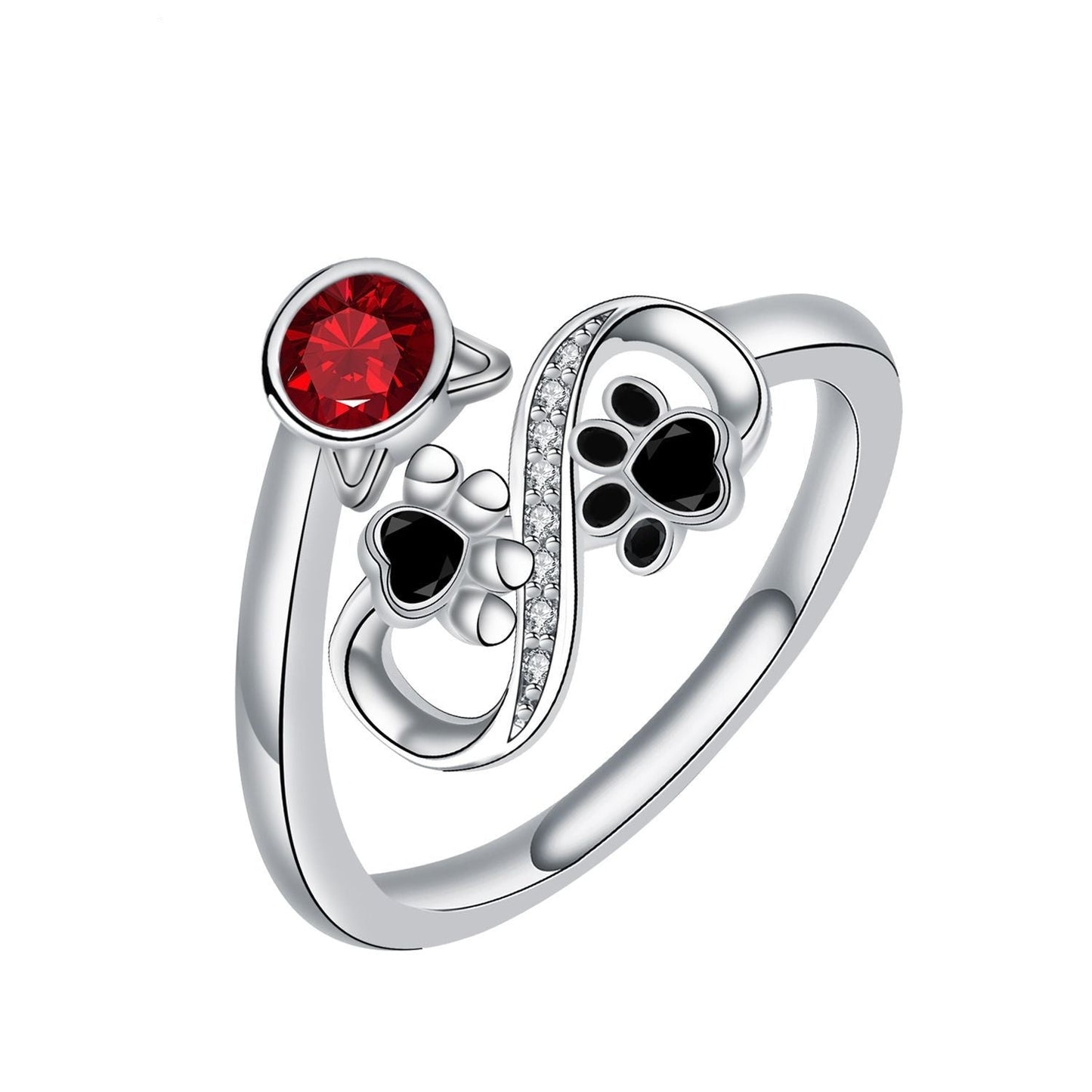 Anillo Ajustable de Huella de Pata Negra con Gema Roja