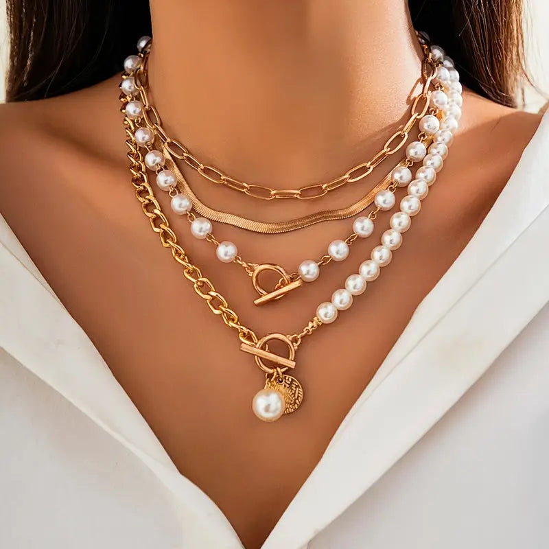 Set de Collar de Cadena de Serpiente con Perlas Vintage | Oro