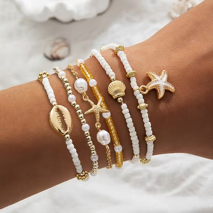Set de 6 Pulseras de Playa Doradas