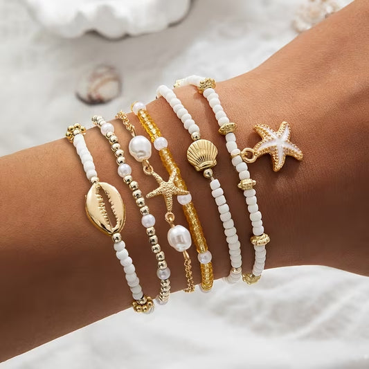 Set de 6 Pulseras de Playa Doradas