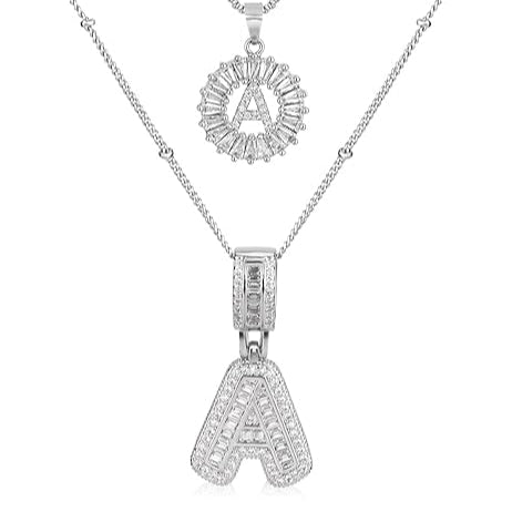 Set de Collar Inicial de Letra Pavé | Oro Blanco