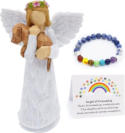 Set de Regalo Conmemorativo para Perro con Figura de Ángel de la Amistad y Pulsera Chakra del Puente Arcoíris