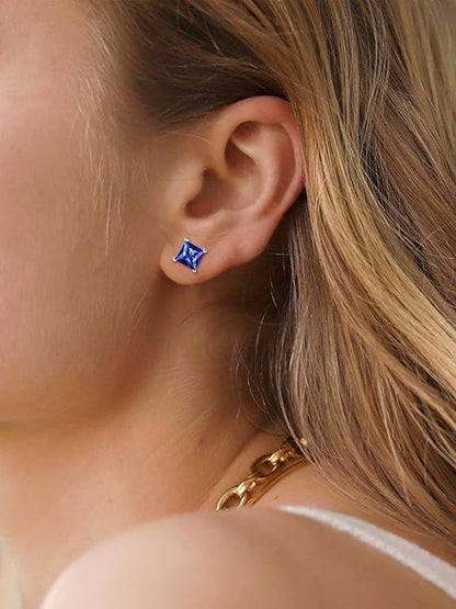 Pendientes minimalistas de espiga de zafiro corte princesa | Oro Blanco