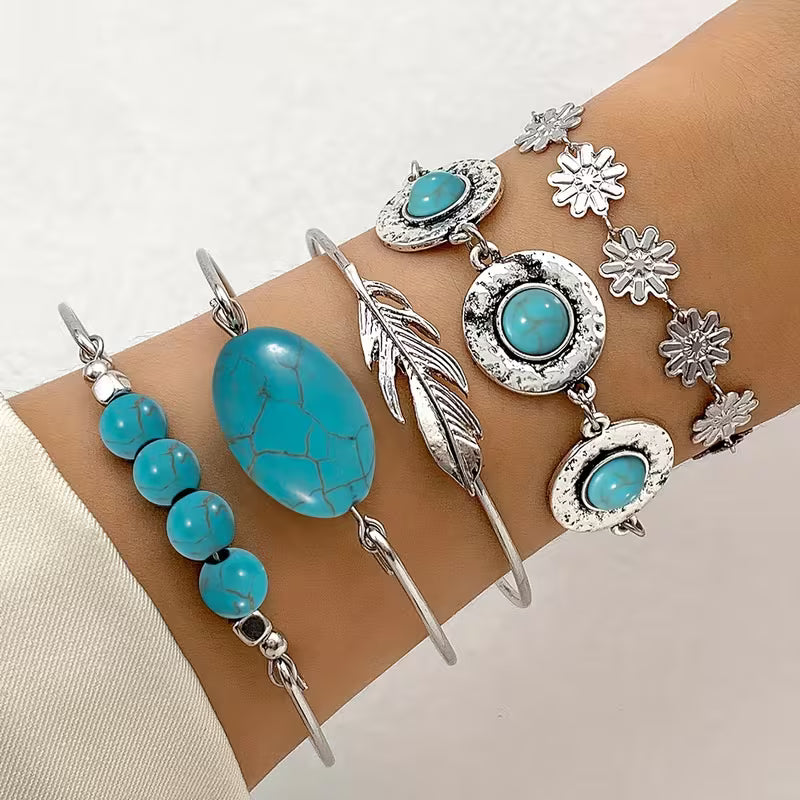 Set 5 Pulseras de Malaquita Boho