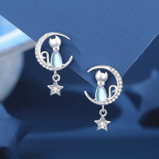 Pendientes de gato con luna, estrella y zirconia en plata de ley 925