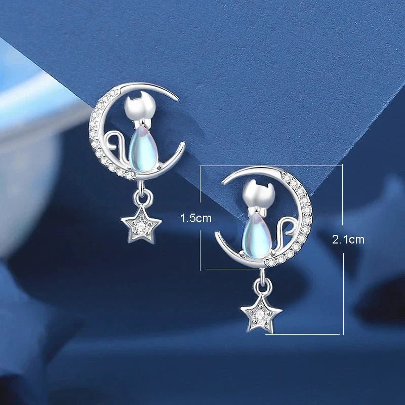 Pendientes de gato con luna, estrella y zirconia en plata de ley 925