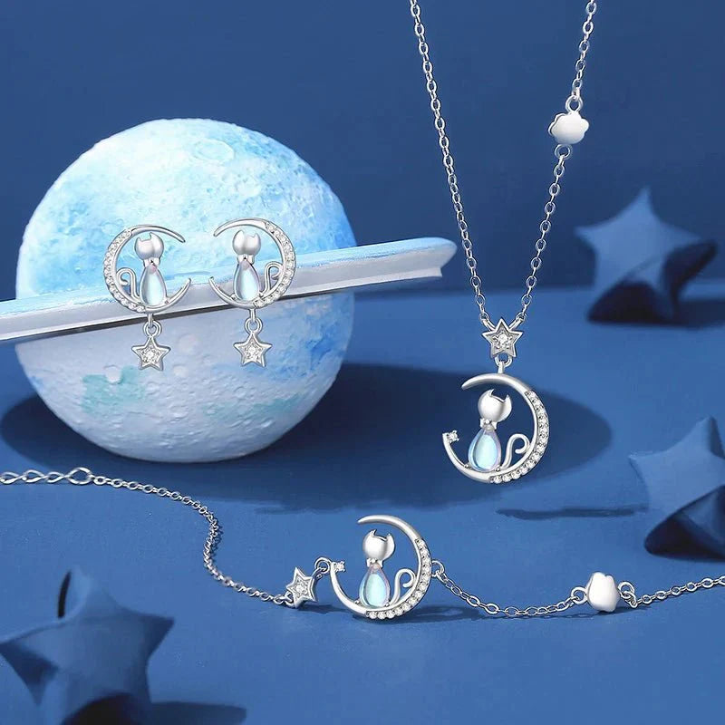 Pendientes de gato con luna, estrella y zirconia en plata de ley 925