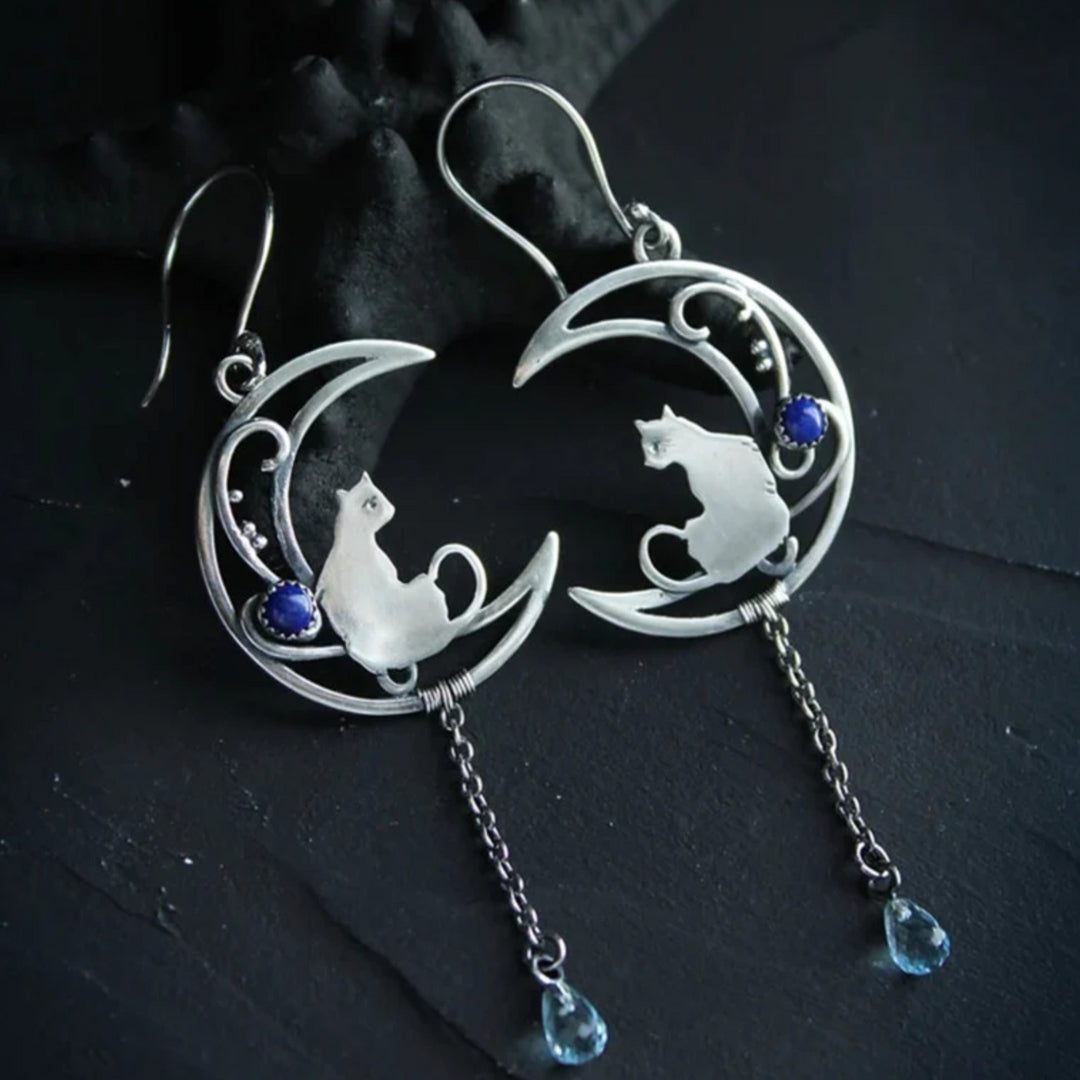 Pendientes Boho de Gato con Zirconia Azul en Plata de Ley