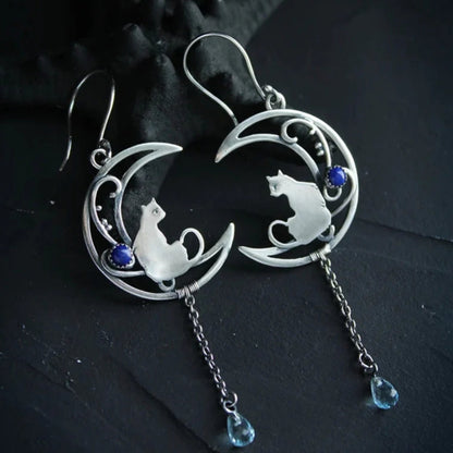 Pendientes Boho de Gato con Zirconia Azul en Plata de Ley