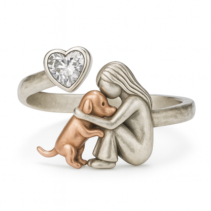 Anillo de Perro Hecho a Mano en Plata de Ley 925 con Zirconia en Forma de Corazón
