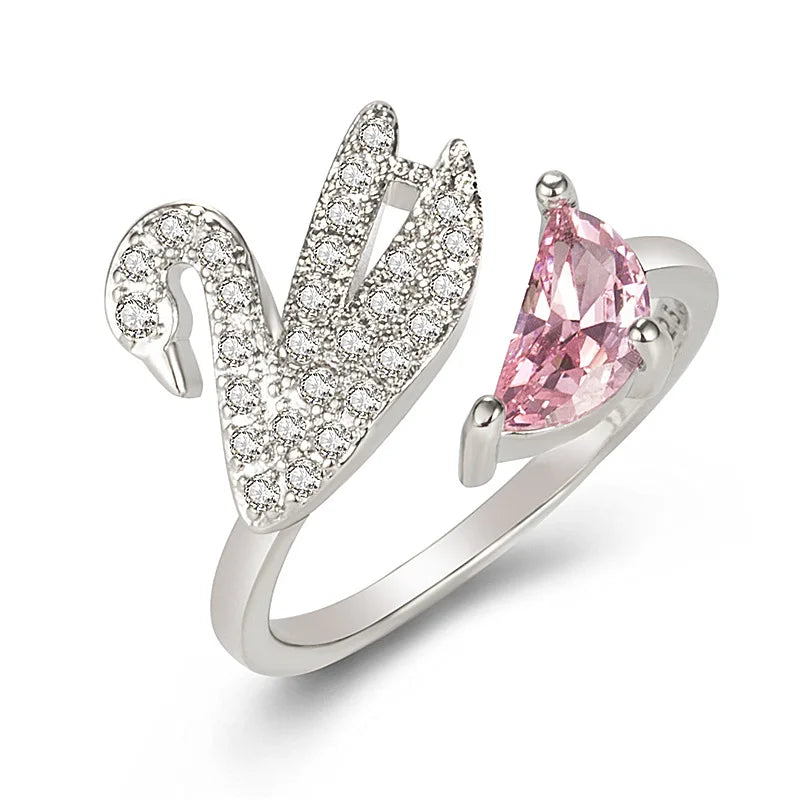 Anillo de Cisne de Cristal - Ajustable en Oro Rosa