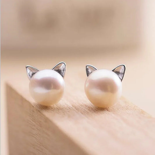 Pendientes de Gato en Plata de Ley con Perla