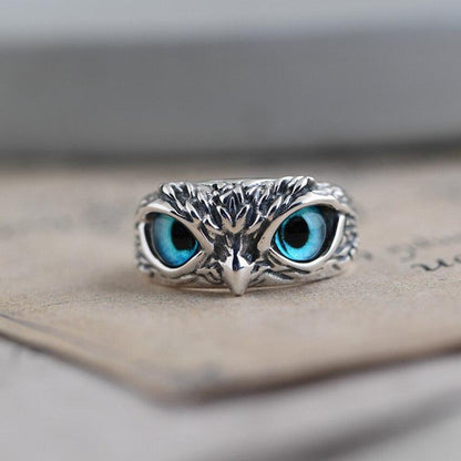 Anillo Ajustable de Búho de la Buena Suerte en Plata y Ópalo