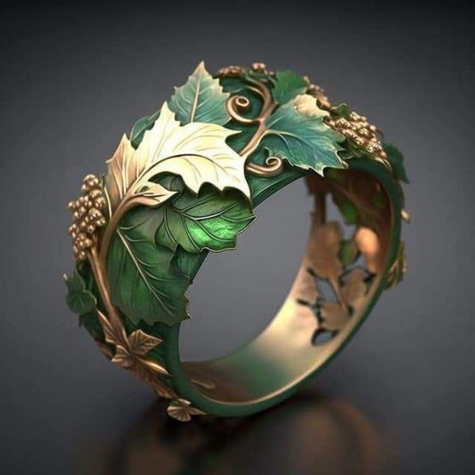 Anillo Exótico de Hoja Verde y Oro