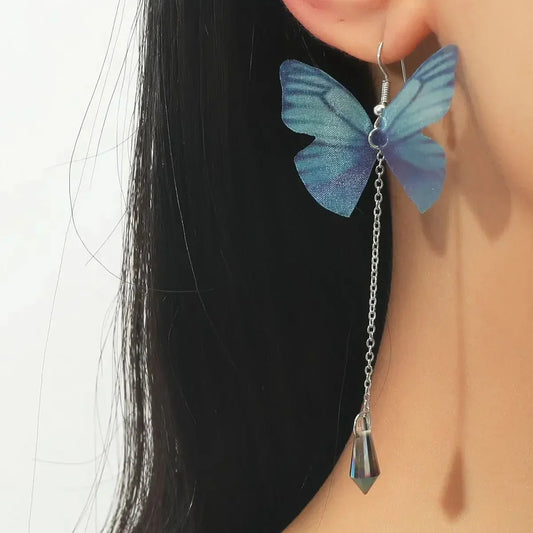 Pendientes de Cristal de Mariposa Azul con Borlas