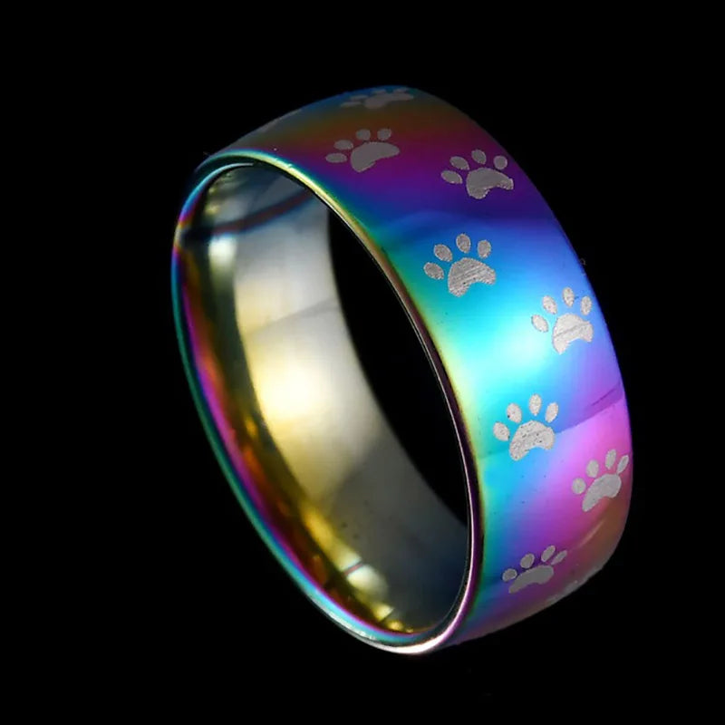 Anillo de Huella de Pata en Acero Inoxidable Arcoíris Hecho a Mano