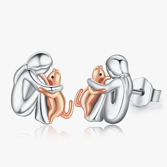 Pendientes de Abrazo de Gato en Dos Tonos Plata y Oro