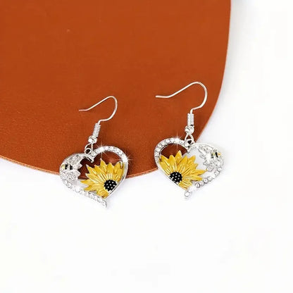 Pendientes Vintage Boho de Corazón con Girasol y Abeja