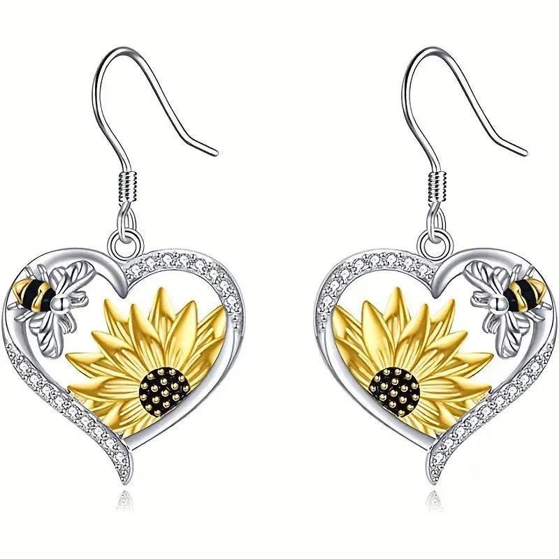 Pendientes Vintage Boho de Corazón con Girasol y Abeja