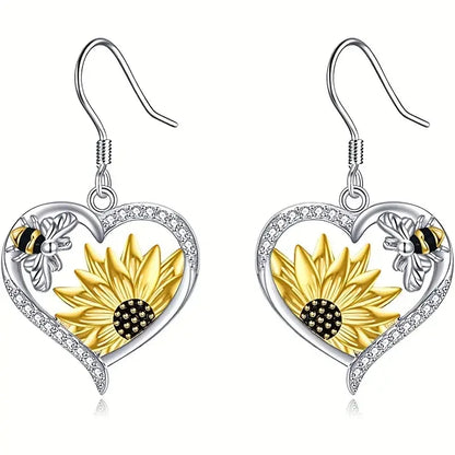 Pendientes Vintage Boho de Corazón con Girasol y Abeja