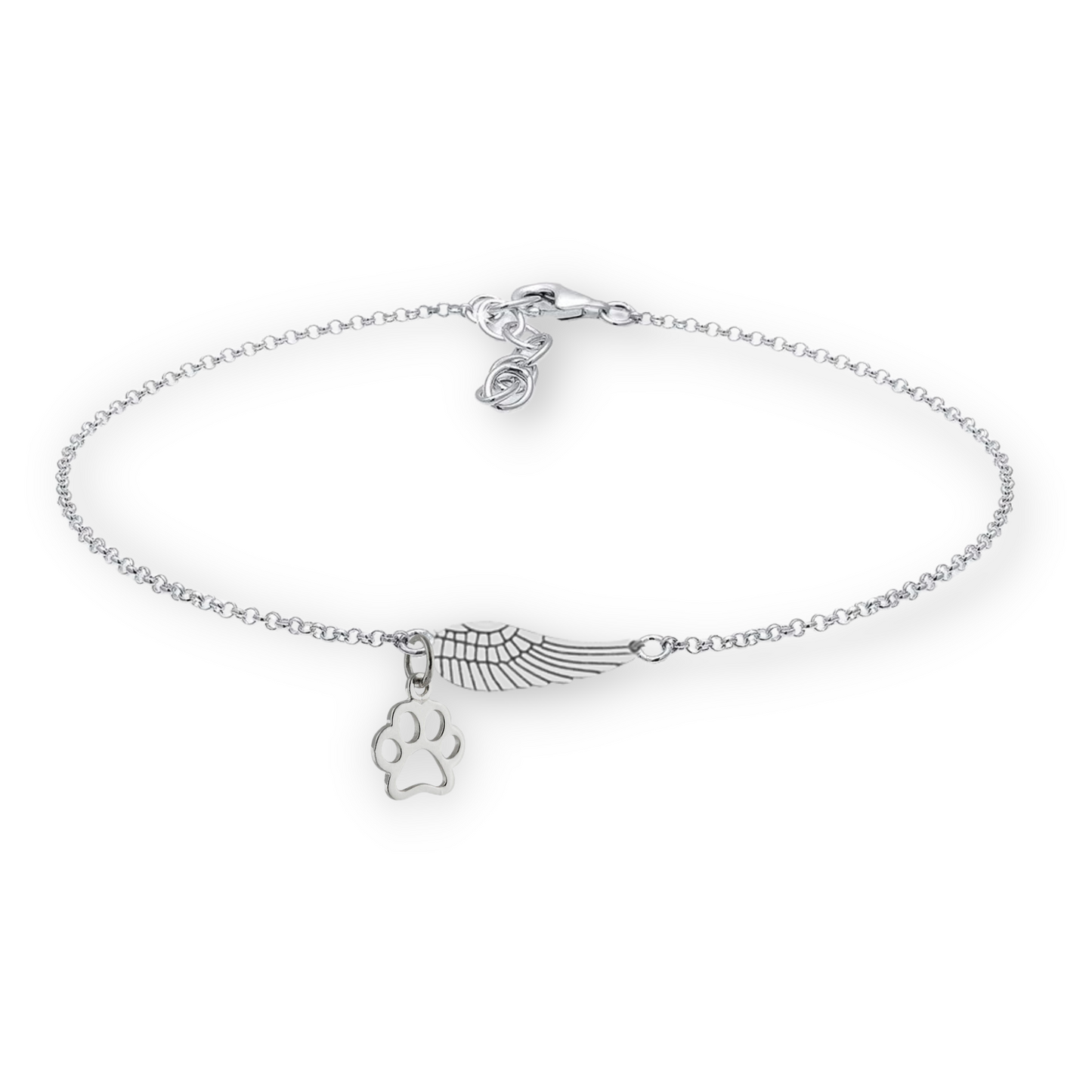 Pulsera Conmemorativa de Plata con Ala de Ángel y Huella de Pata |