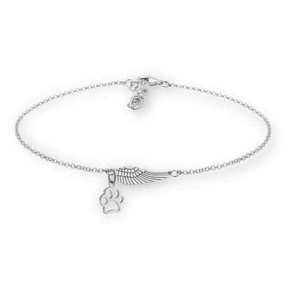 Pulsera Conmemorativa de Plata con Ala de Ángel y Huella de Pata |