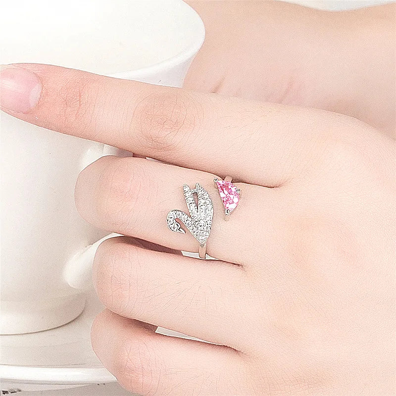 Anillo de Cisne de Cristal - Ajustable en Oro Rosa