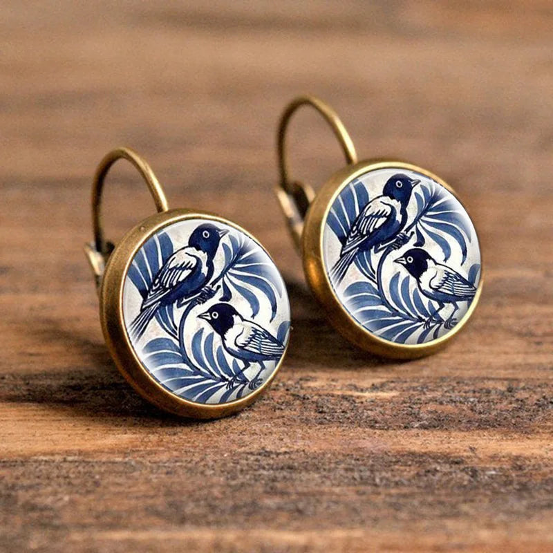Pendientes de Cúpula de Vidrio de Urraca Azul Vintage
