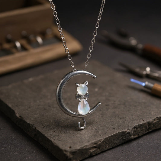 Collar de Gato y Luna Creciente con Piedra Lunar