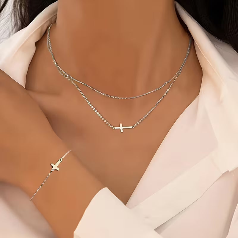 Set de collar y brazalete Cruz 3 piezas