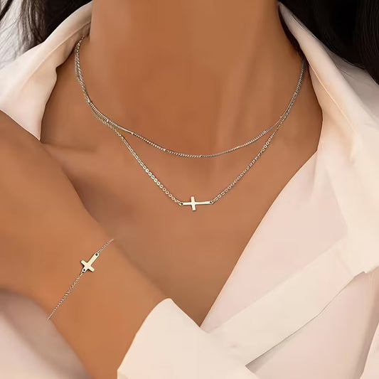 Set de collar y brazalete Cruz 3 piezas