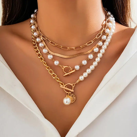 Set de Collar de Cadena de Serpiente con Perlas Vintage | Oro