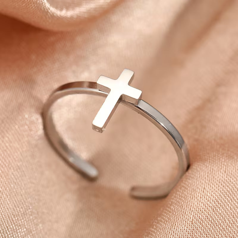 Anillo Cruz abierta en acero inoxidable