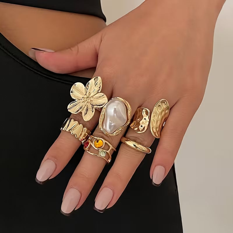 Set 6 Anillos Dorados con Perlas