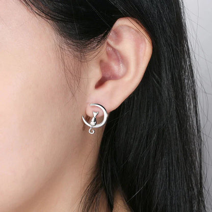 Pendientes de Gato con Luna y Estrella en Plata de Ley