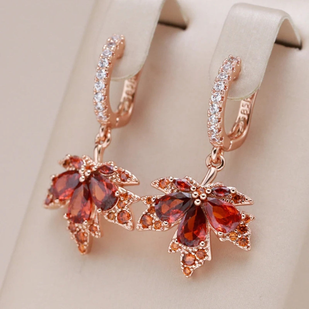 Pendientes  Elegantes de Hoja Roja con Cristal