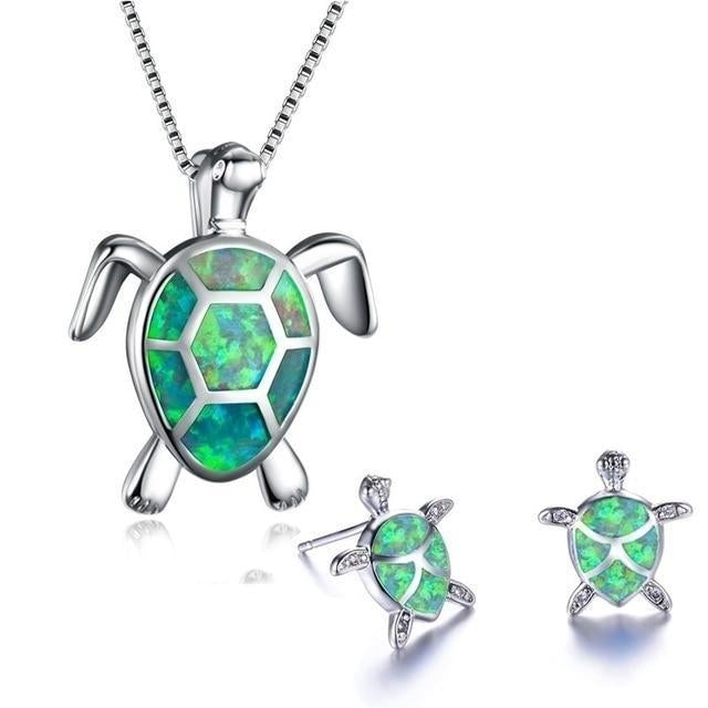Set de Collar y Pendientes de Tortuga Marina en Ópalo y Plata