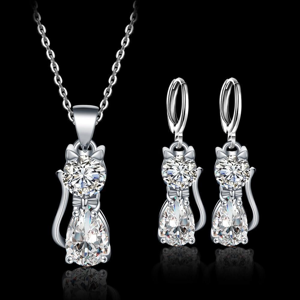 Set Collar + Pendientes Gatos Felices en Plata de Ley y Zirconio Blanco Pulido